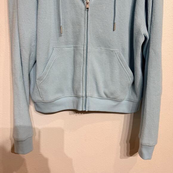Auden Baby Blue Waffle Knit Front Zip Hooded Sweater Sz M - Picture 4 of 12